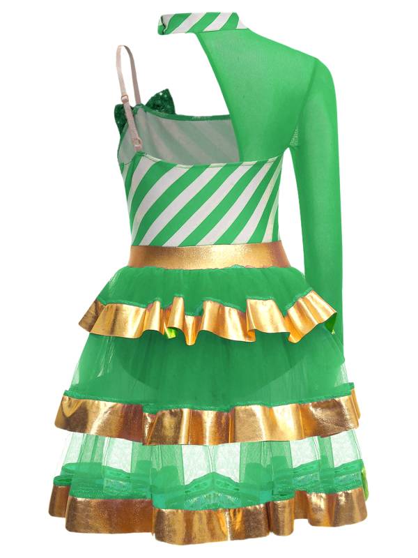 Kids Girls Christmas Asymmetrical Shoulder Stripes Tiered Mesh Tutu Dress thumb