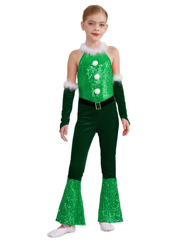 Girl Christmas Sleeveless Velvet Sequins Jumpsuit with Arm Sleeve thumb