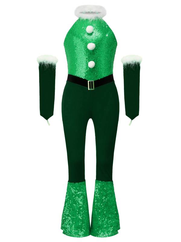 Girl Christmas Sleeveless Velvet Sequins Jumpsuit with Arm Sleeve thumb