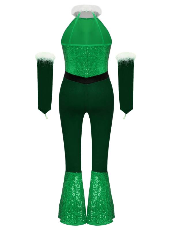 Girl Christmas Sleeveless Velvet Sequins Jumpsuit with Arm Sleeve thumb