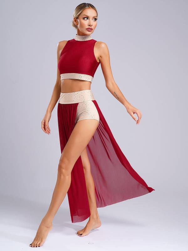 Women 2pcs Sleeveless Crop Top and Side Split Mesh Skirt Lyrical Dance Set thumb