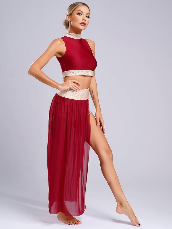 Women 2pcs Sleeveless Crop Top and Side Split Mesh Skirt Lyrical Dance Set thumb