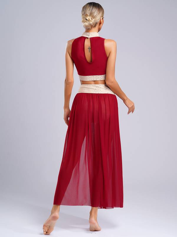 Women 2pcs Sleeveless Crop Top and Side Split Mesh Skirt Lyrical Dance Set thumb