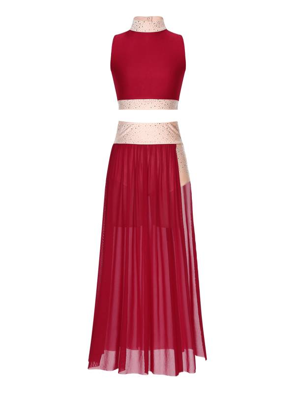 Women 2pcs Sleeveless Crop Top and Side Split Mesh Skirt Lyrical Dance Set thumb