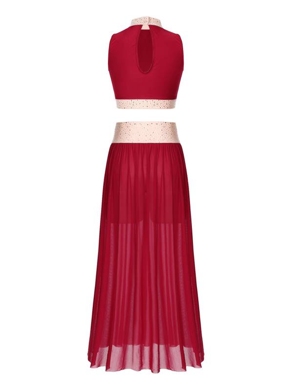 Women 2pcs Sleeveless Crop Top and Side Split Mesh Skirt Lyrical Dance Set thumb
