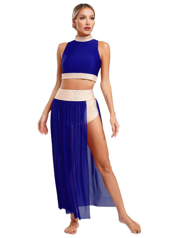 Women 2pcs Sleeveless Crop Top and Side Split Mesh Skirt Lyrical Dance Set thumb