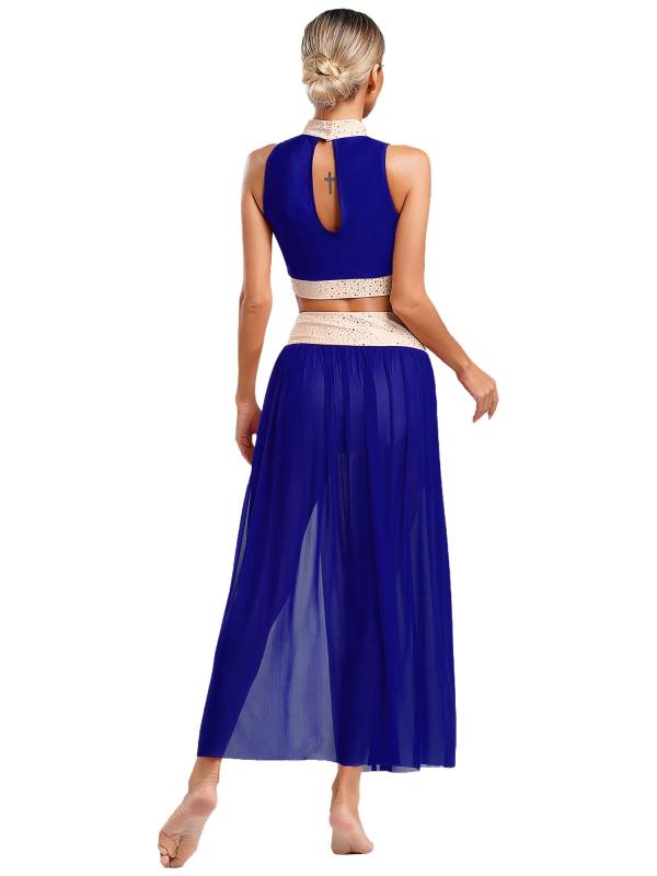 Women 2pcs Sleeveless Crop Top and Side Split Mesh Skirt Lyrical Dance Set thumb