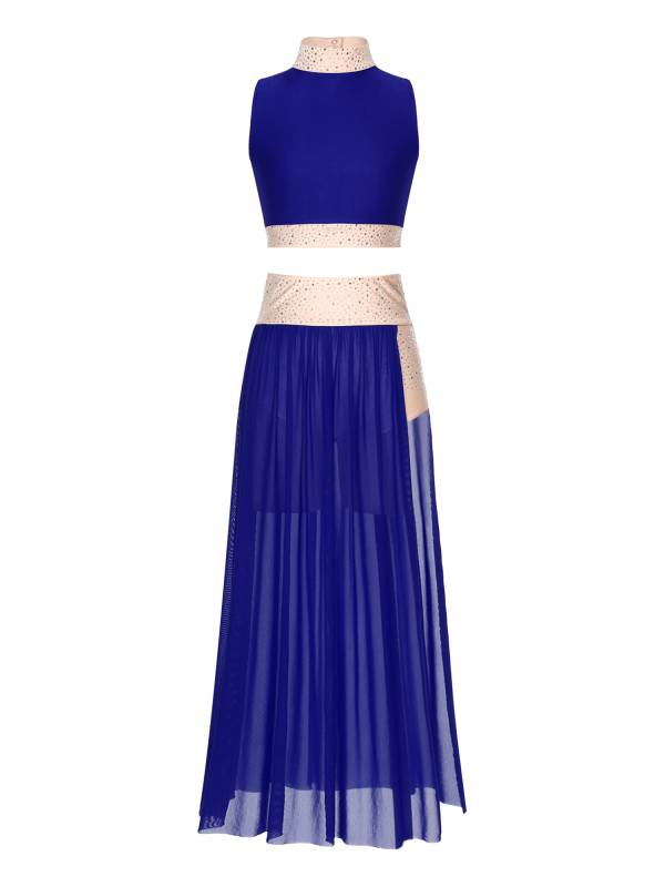 Women 2pcs Sleeveless Crop Top and Side Split Mesh Skirt Lyrical Dance Set thumb