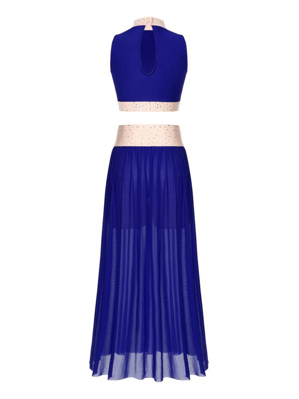 Women 2pcs Sleeveless Crop Top and Side Split Mesh Skirt Lyrical Dance Set thumb