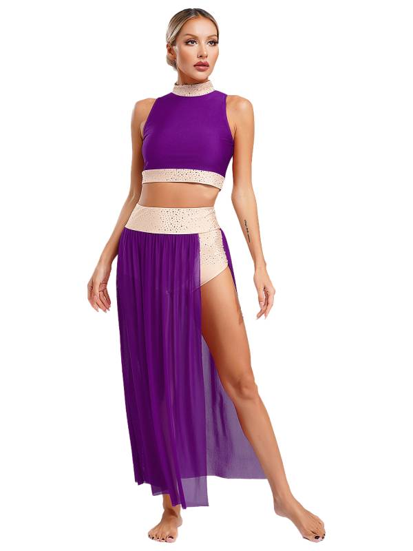 Women 2pcs Sleeveless Crop Top and Side Split Mesh Skirt Lyrical Dance Set thumb