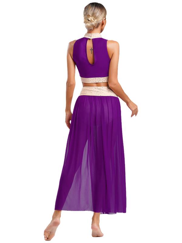 Women 2pcs Sleeveless Crop Top and Side Split Mesh Skirt Lyrical Dance Set thumb