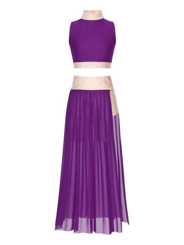Women 2pcs Sleeveless Crop Top and Side Split Mesh Skirt Lyrical Dance Set thumb