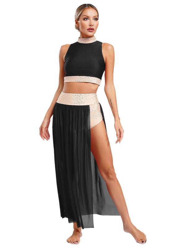 Women 2pcs Sleeveless Crop Top and Side Split Mesh Skirt Lyrical Dance Set thumb