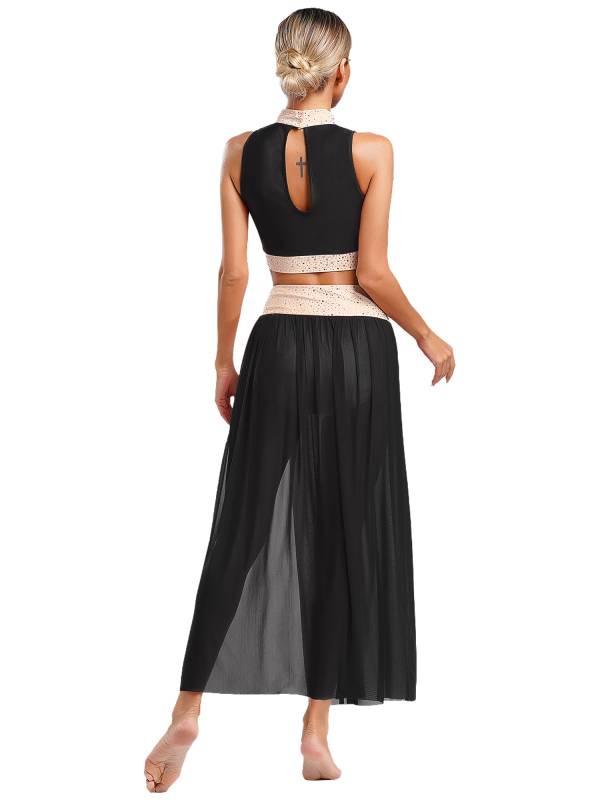 Women 2pcs Sleeveless Crop Top and Side Split Mesh Skirt Lyrical Dance Set thumb
