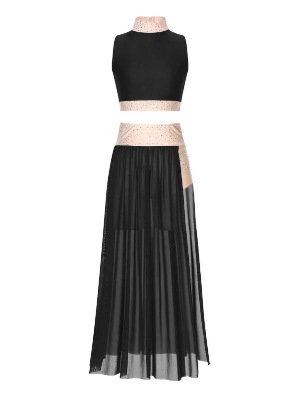 Women 2pcs Sleeveless Crop Top and Side Split Mesh Skirt Lyrical Dance Set thumb