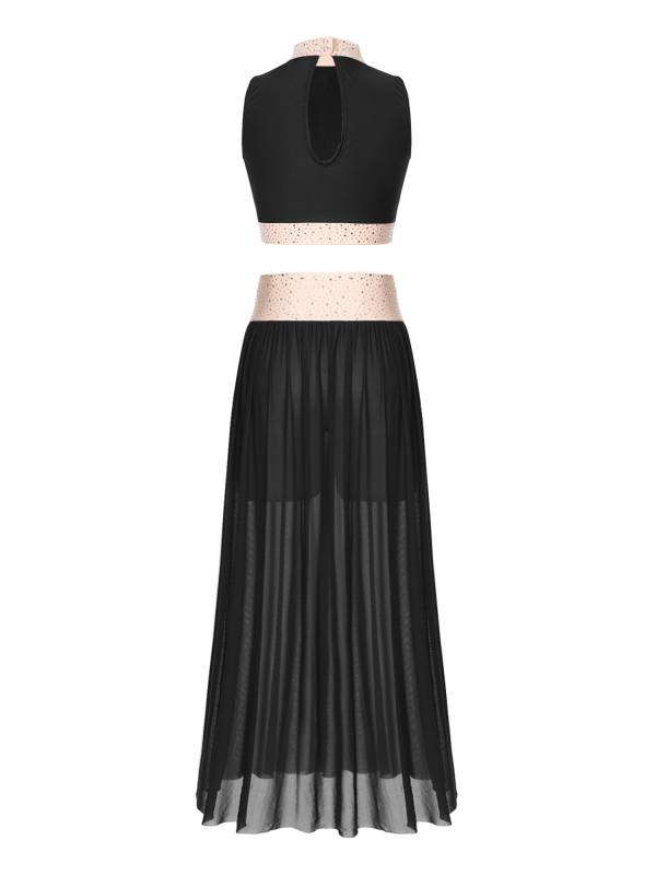 Women 2pcs Sleeveless Crop Top and Side Split Mesh Skirt Lyrical Dance Set thumb