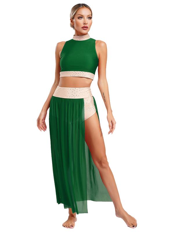 Women 2pcs Sleeveless Crop Top and Side Split Mesh Skirt Lyrical Dance Set thumb