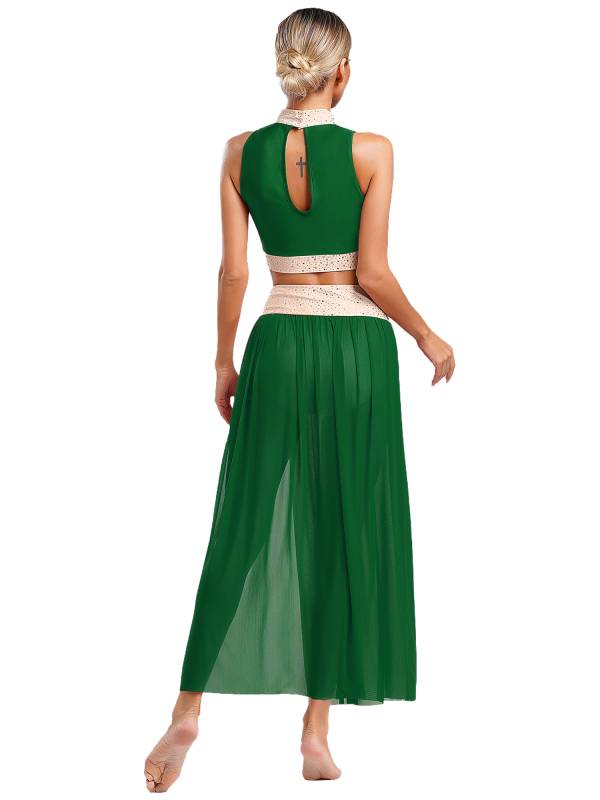 Women 2pcs Sleeveless Crop Top and Side Split Mesh Skirt Lyrical Dance Set thumb
