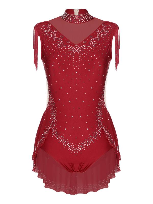 Women Sleeveless Rhinestones Sheer Mesh Patchwork Tassel Lyrical Dance Leotard thumb