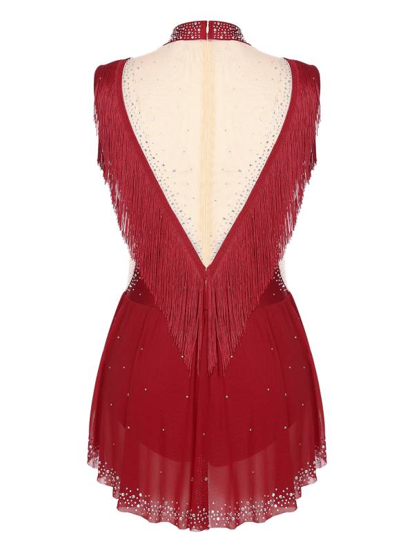 Women Sleeveless Rhinestones Sheer Mesh Patchwork Tassel Lyrical Dance Leotard thumb