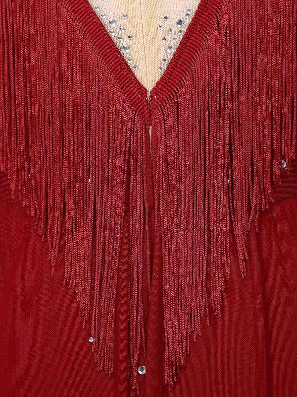 Women Sleeveless Rhinestones Sheer Mesh Patchwork Tassel Lyrical Dance Leotard thumb
