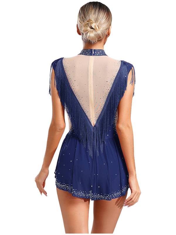 Women Sleeveless Rhinestones Sheer Mesh Patchwork Tassel Lyrical Dance Leotard thumb