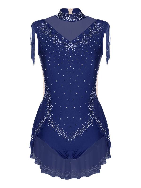 Women Sleeveless Rhinestones Sheer Mesh Patchwork Tassel Lyrical Dance Leotard thumb