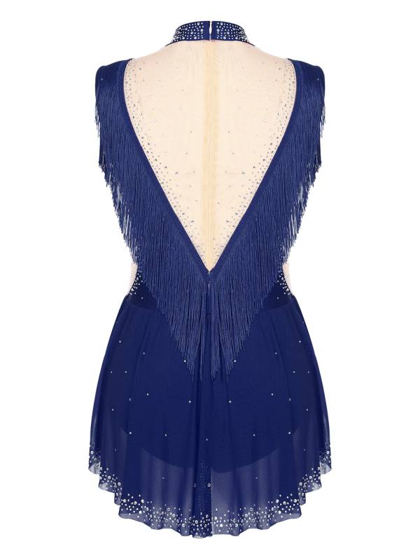 Women Sleeveless Rhinestones Sheer Mesh Patchwork Tassel Lyrical Dance Leotard thumb