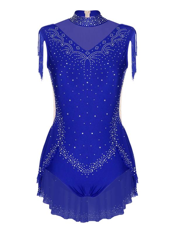 Women Sleeveless Rhinestones Sheer Mesh Patchwork Tassel Lyrical Dance Leotard thumb