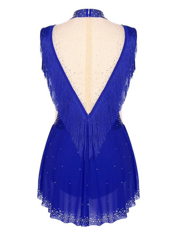 Women Sleeveless Rhinestones Sheer Mesh Patchwork Tassel Lyrical Dance Leotard thumb
