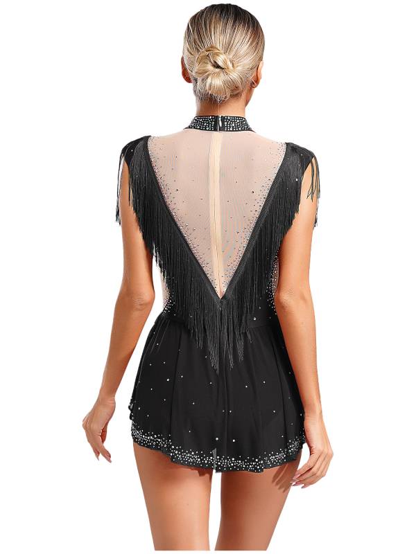 Women Sleeveless Rhinestones Sheer Mesh Patchwork Tassel Lyrical Dance Leotard thumb