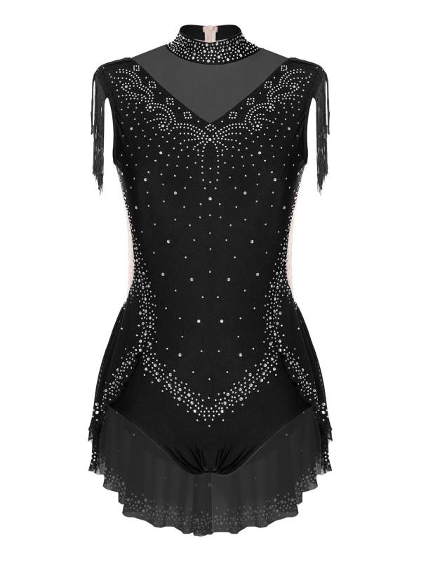 Women Sleeveless Rhinestones Sheer Mesh Patchwork Tassel Lyrical Dance Leotard thumb