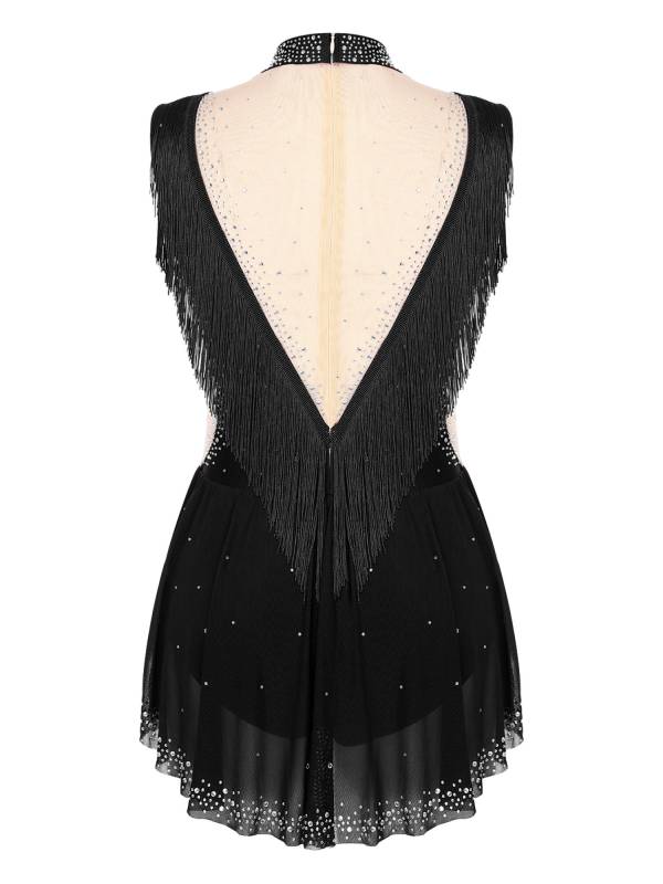 Women Sleeveless Rhinestones Sheer Mesh Patchwork Tassel Lyrical Dance Leotard thumb