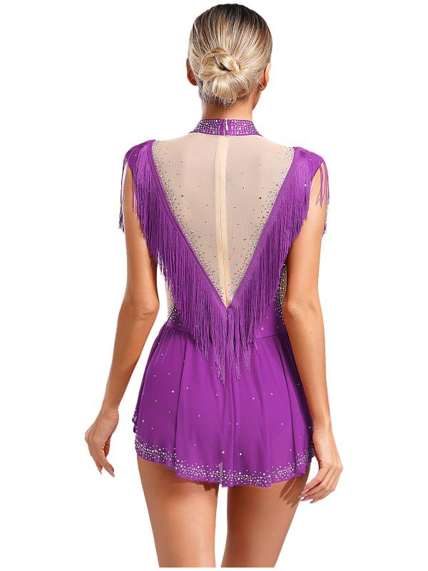 Women Sleeveless Rhinestones Sheer Mesh Patchwork Tassel Lyrical Dance Leotard thumb