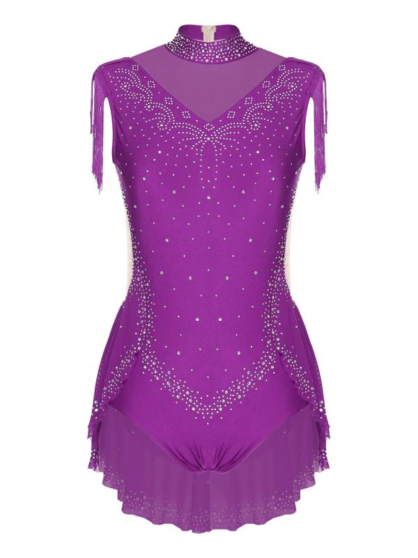 Women Sleeveless Rhinestones Sheer Mesh Patchwork Tassel Lyrical Dance Leotard thumb