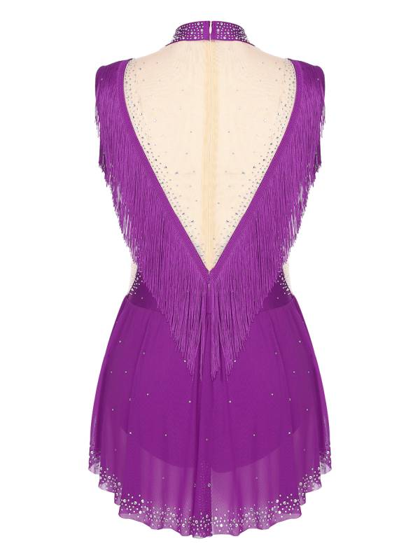 Women Sleeveless Rhinestones Sheer Mesh Patchwork Tassel Lyrical Dance Leotard thumb
