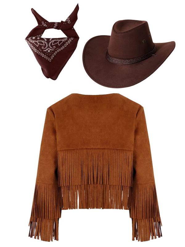 Kids 3pcs Cowboy Cowgirl Long Sleeve Tassels Vest with Hat and Bandanna Set thumb