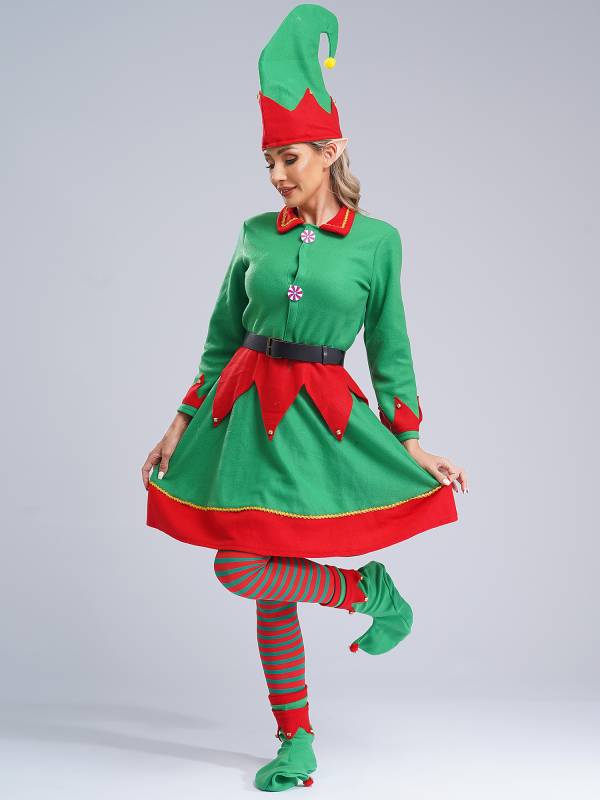 Women 6pcs Long Sleeve Lapel Front Button Velvet Dress Christmas Elf Costume Set thumb