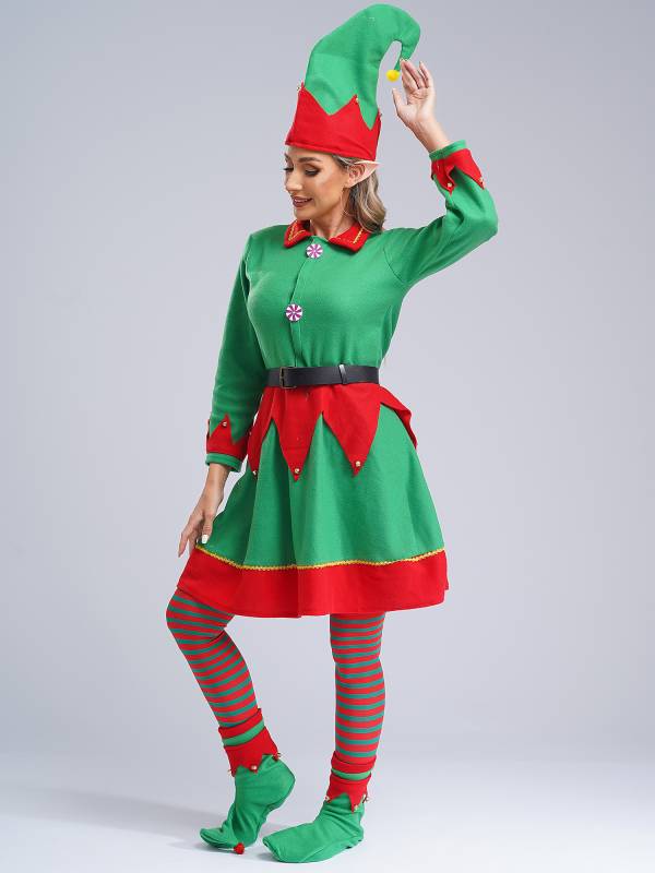 Women 6pcs Long Sleeve Lapel Front Button Velvet Dress Christmas Elf Costume Set thumb