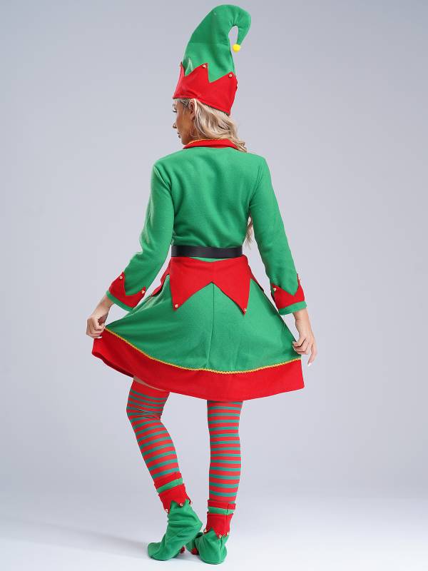 Women 6pcs Long Sleeve Lapel Front Button Velvet Dress Christmas Elf Costume Set thumb