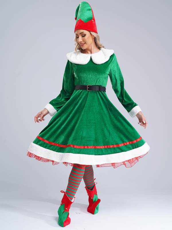 Women 5pcs Long Sleeve Flannel Dress with Shoes Stockings Christmas Elf Suit thumb