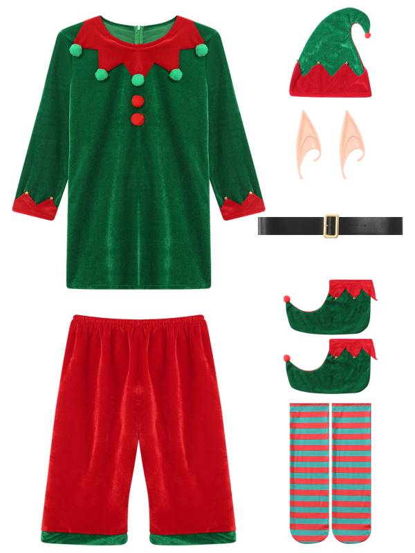 Men 7pcs Long Sleeve Top and Pants with Shoes Stockings Christmas Elf Costume thumb