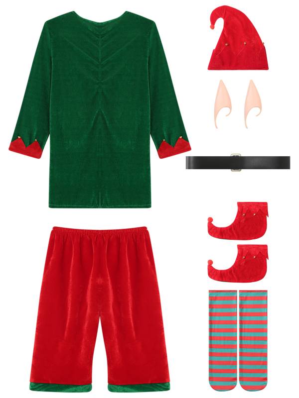 Men 7pcs Long Sleeve Top and Pants with Shoes Stockings Christmas Elf Costume thumb