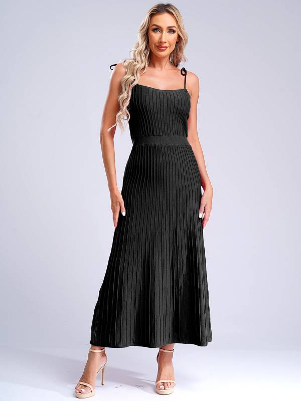 Women Sleeveless Knottable Shoulder Straps Maxi Knitted Dress for Party thumb