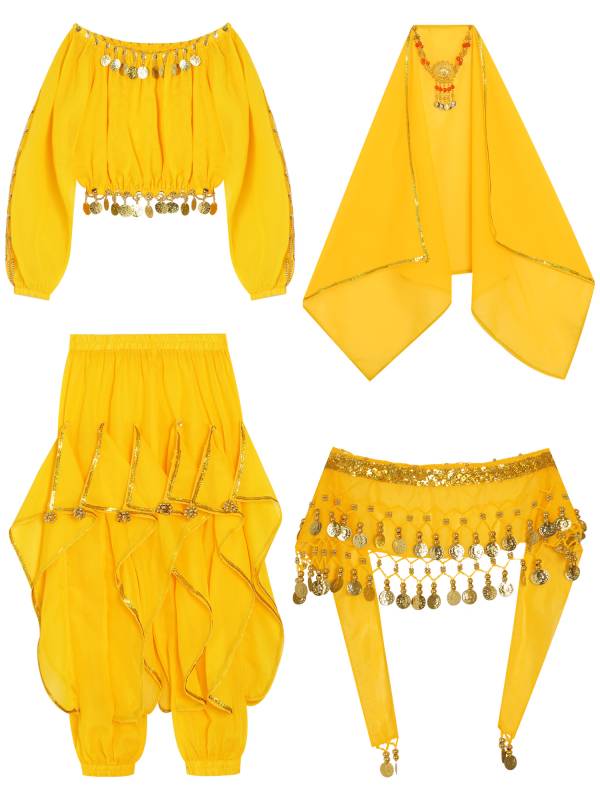 Kids Girls 5pcs Long Sleeve Crop Top and Pants Belly Dance Outfits Set thumb