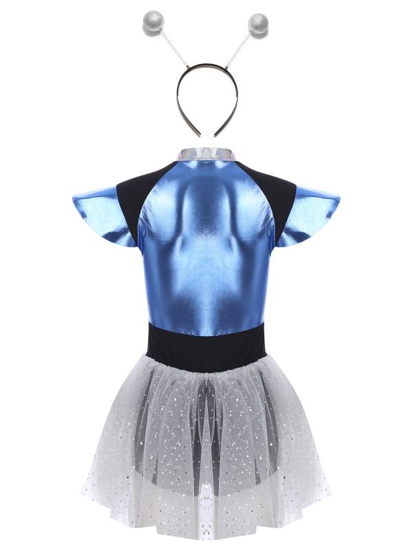 Women Cap Sleeve Front Zip Sequin Tulle Tutu Dress with Headband Alien Costume thumb