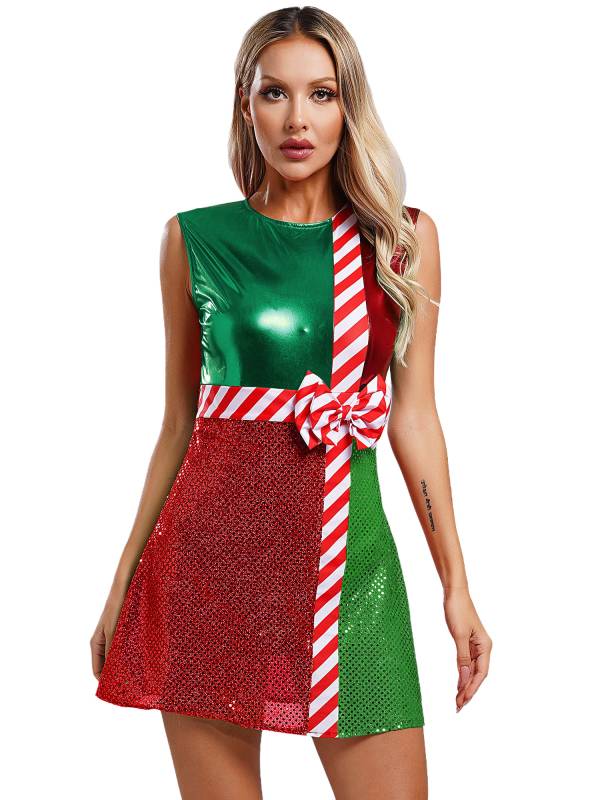 Women Metallic Sequins Christmas Round Neck Sleeveless Bowknot A-line Dress thumb