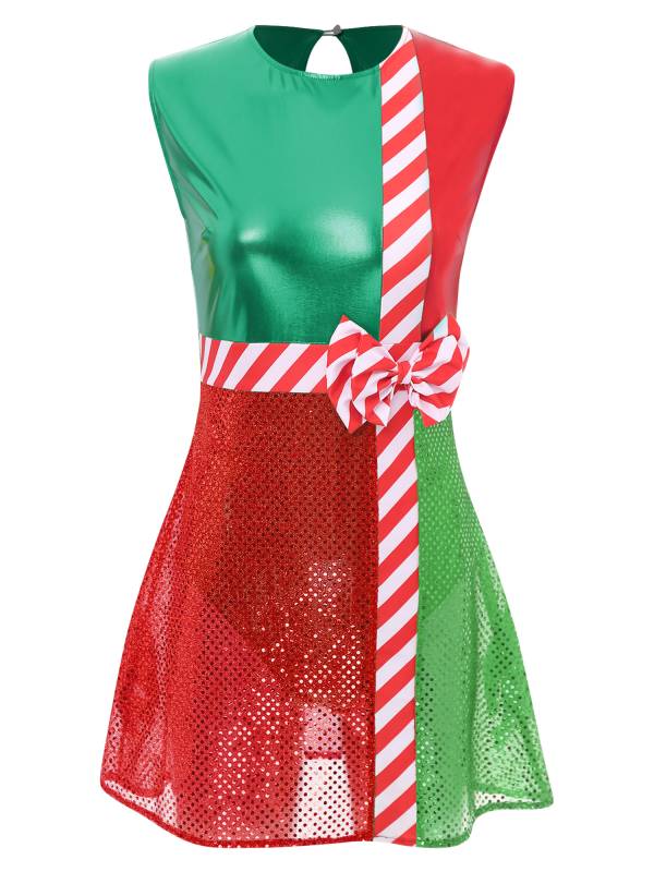Women Metallic Sequins Christmas Round Neck Sleeveless Bowknot A-line Dress thumb