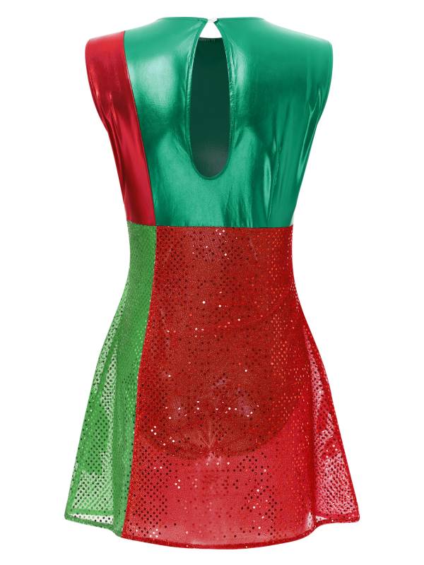 Women Metallic Sequins Christmas Round Neck Sleeveless Bowknot A-line Dress thumb