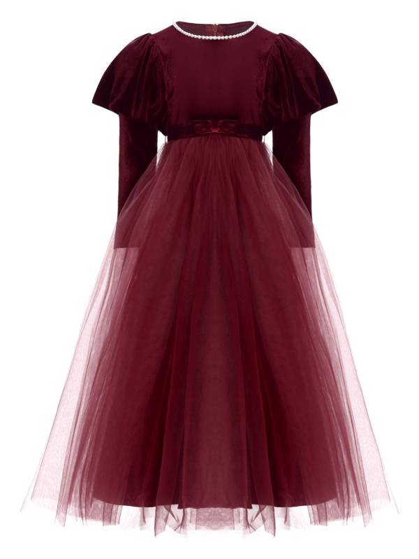 Kids Girls Long Sleeve Pearl Beaded High Waist Tulle Birthday Party Dress thumb